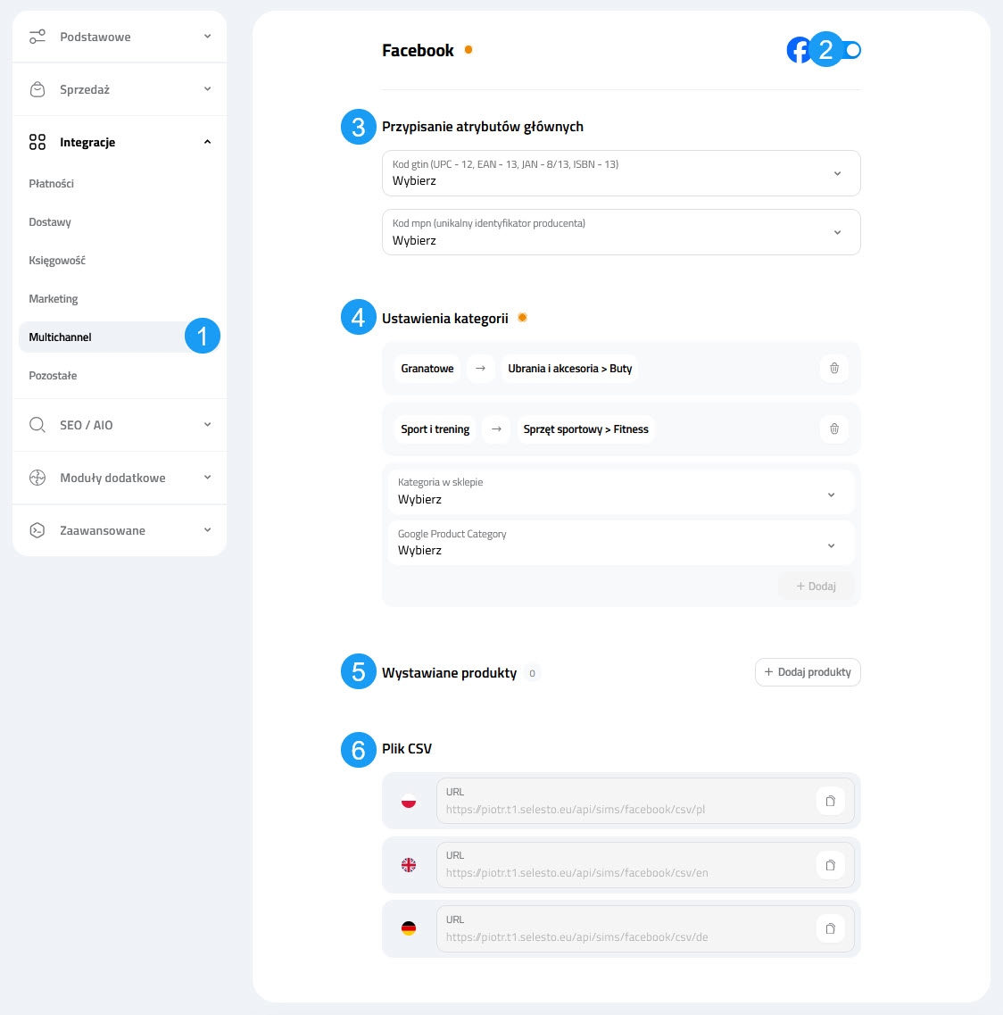 Selesto - ustawienia integracji Facebook