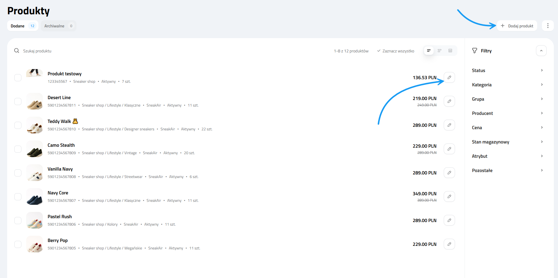 Edycja / dodawanie z ekranu listy produktów