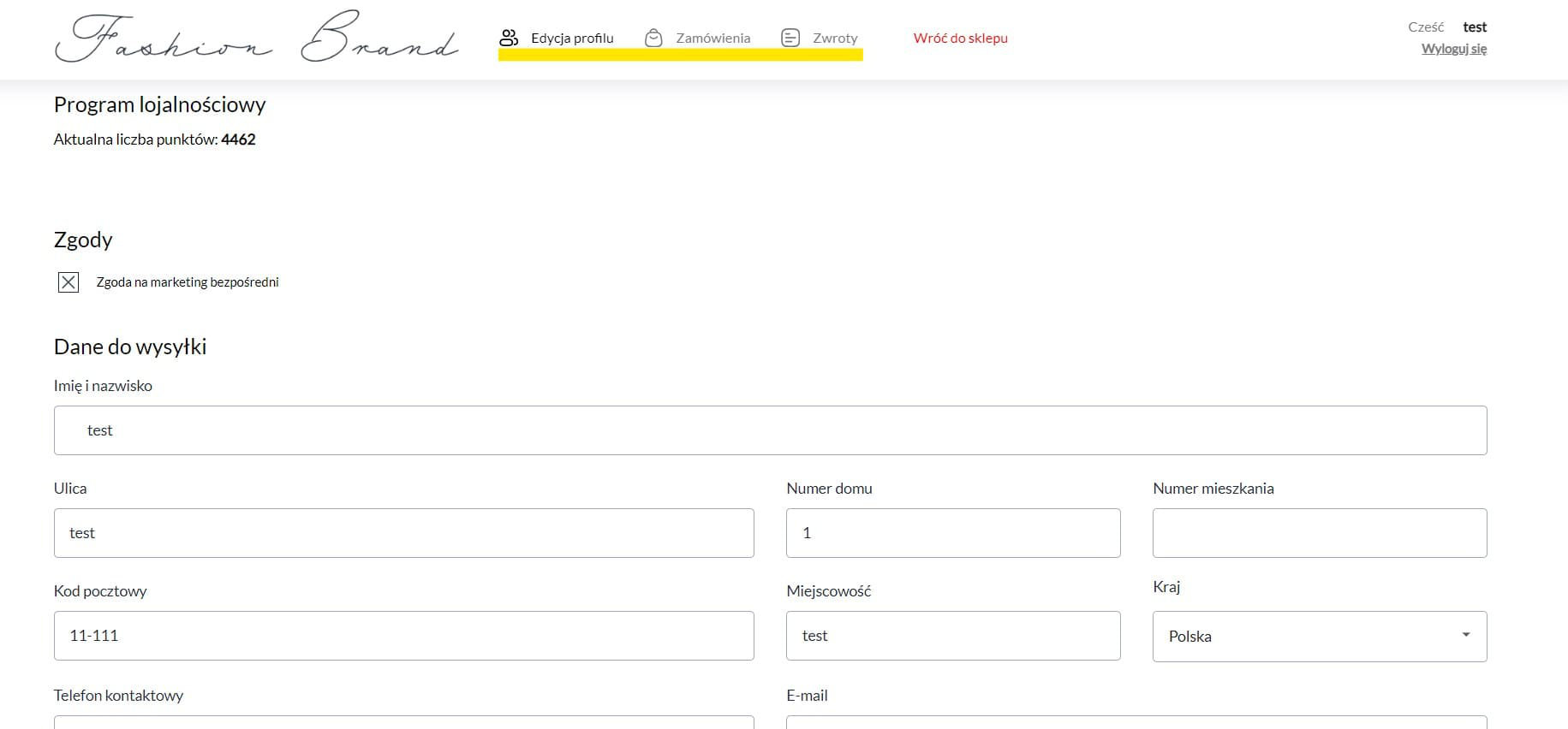 Wygląd edycji danych Klienta w koncie Klienta w sklepie internetowym