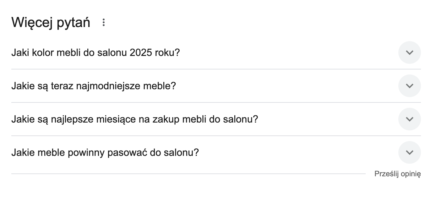 Widok pytań zadawanych przez innych użytkowników w kontekście mebli do salonu.  