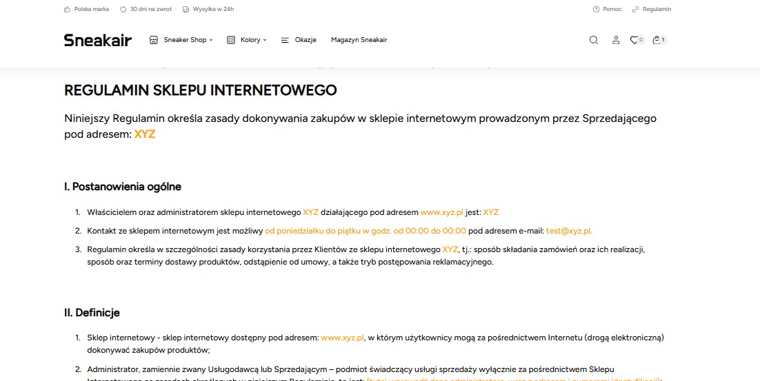 Widok regulaminu w sklepie internetowym
