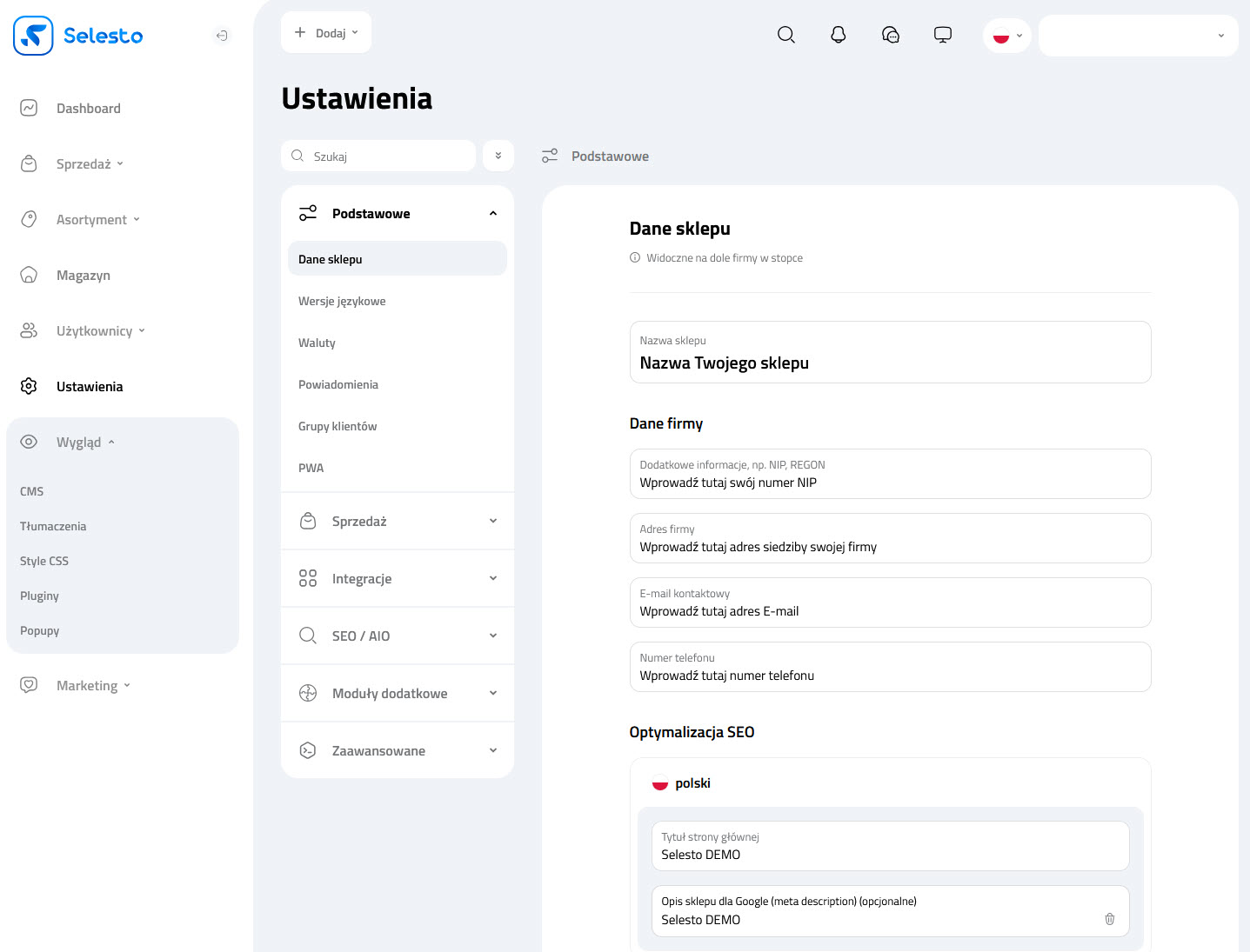 Panel podstawowych danych sklepu