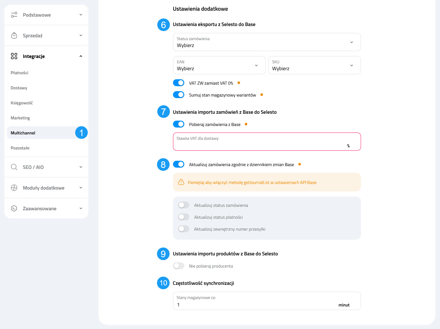 Ustawienia Selesto - integracja z Base