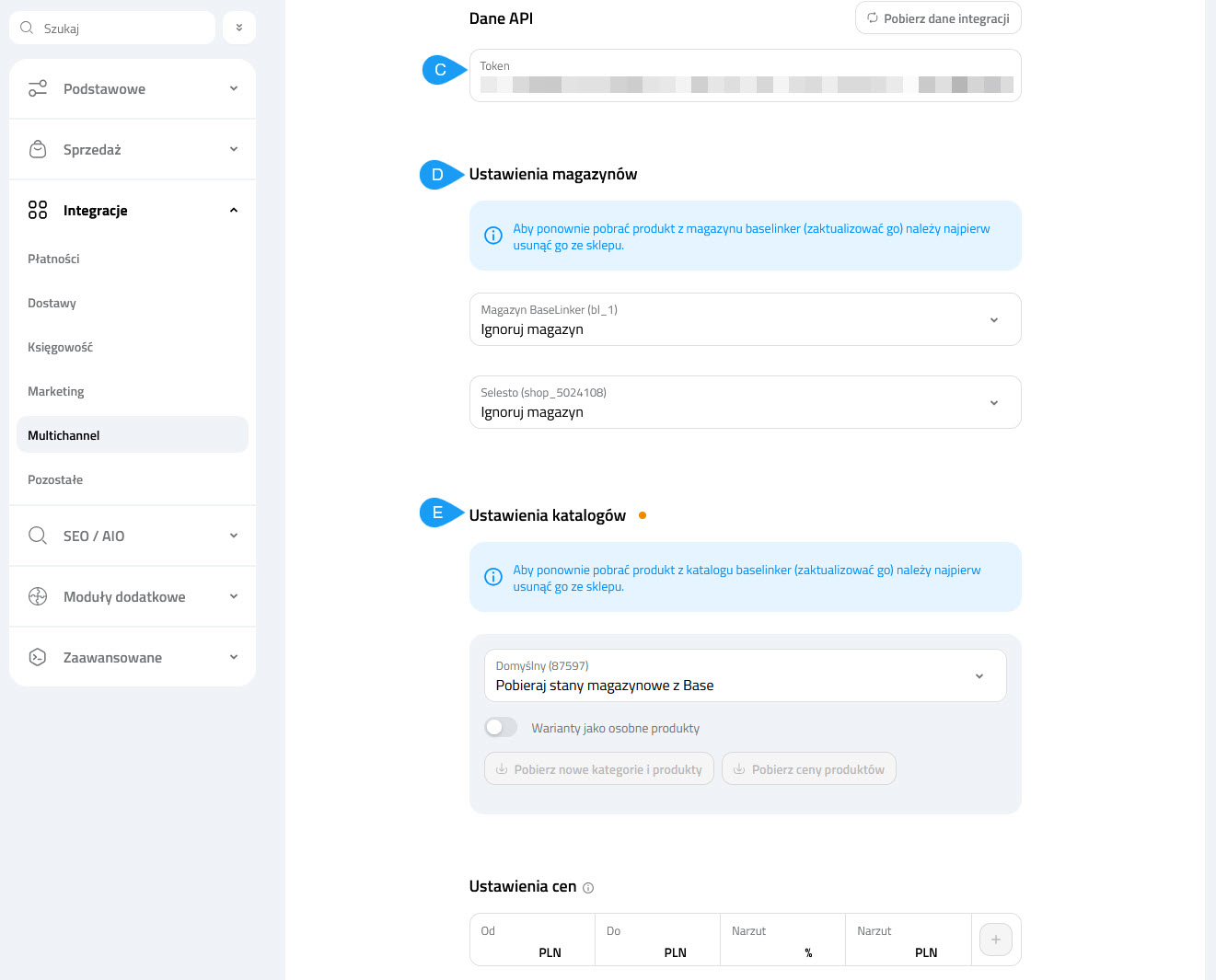  Ustawienia integracji Selesto - Base - generowanie tokenu API