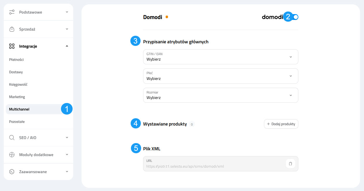 Selesto - ustawienia integracji Domodi