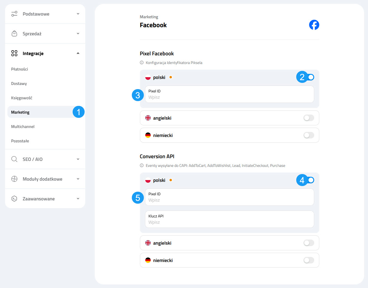 Selesto - ustawienia integracji Facebook