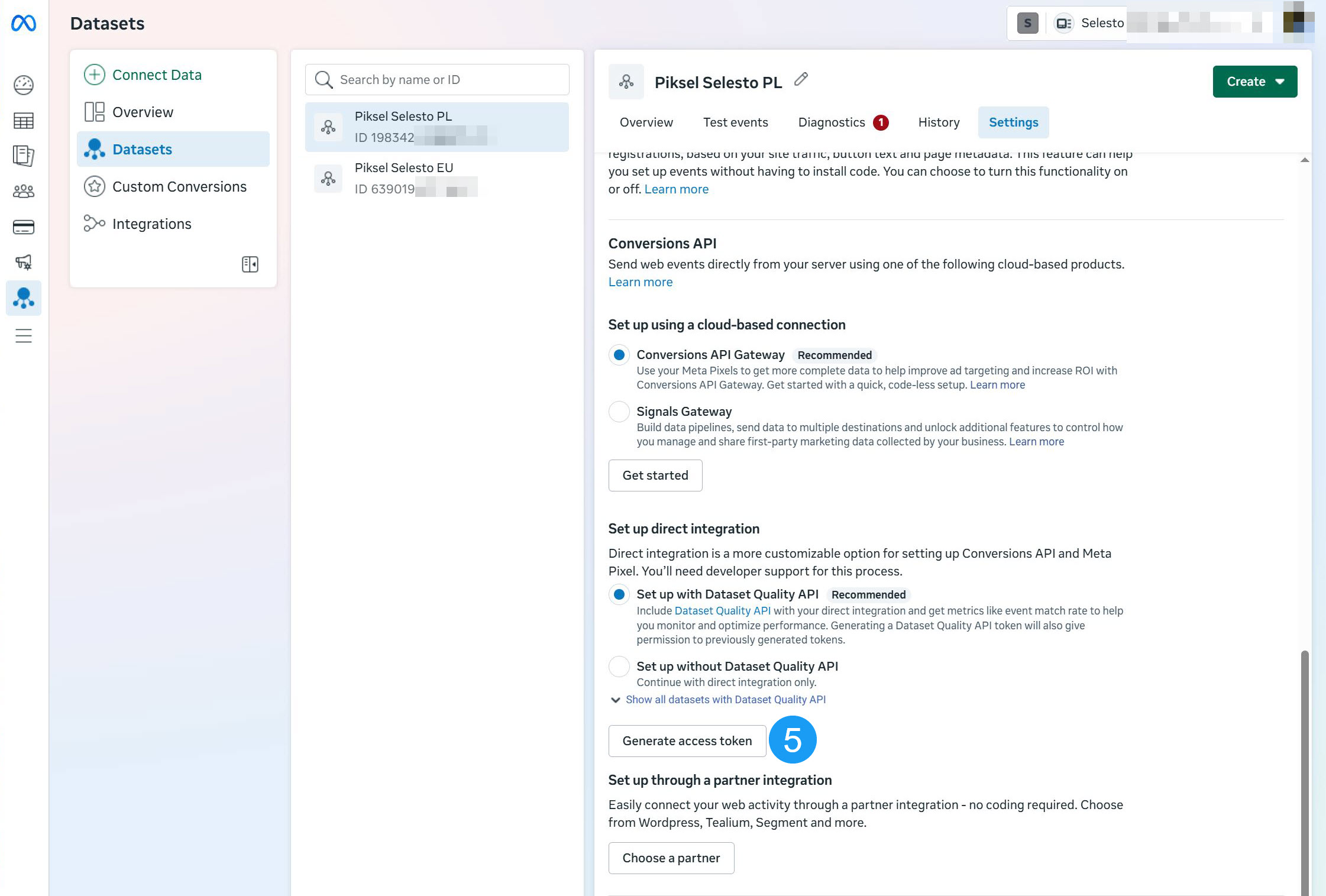 Selesto - ustawienia integracji Facebook