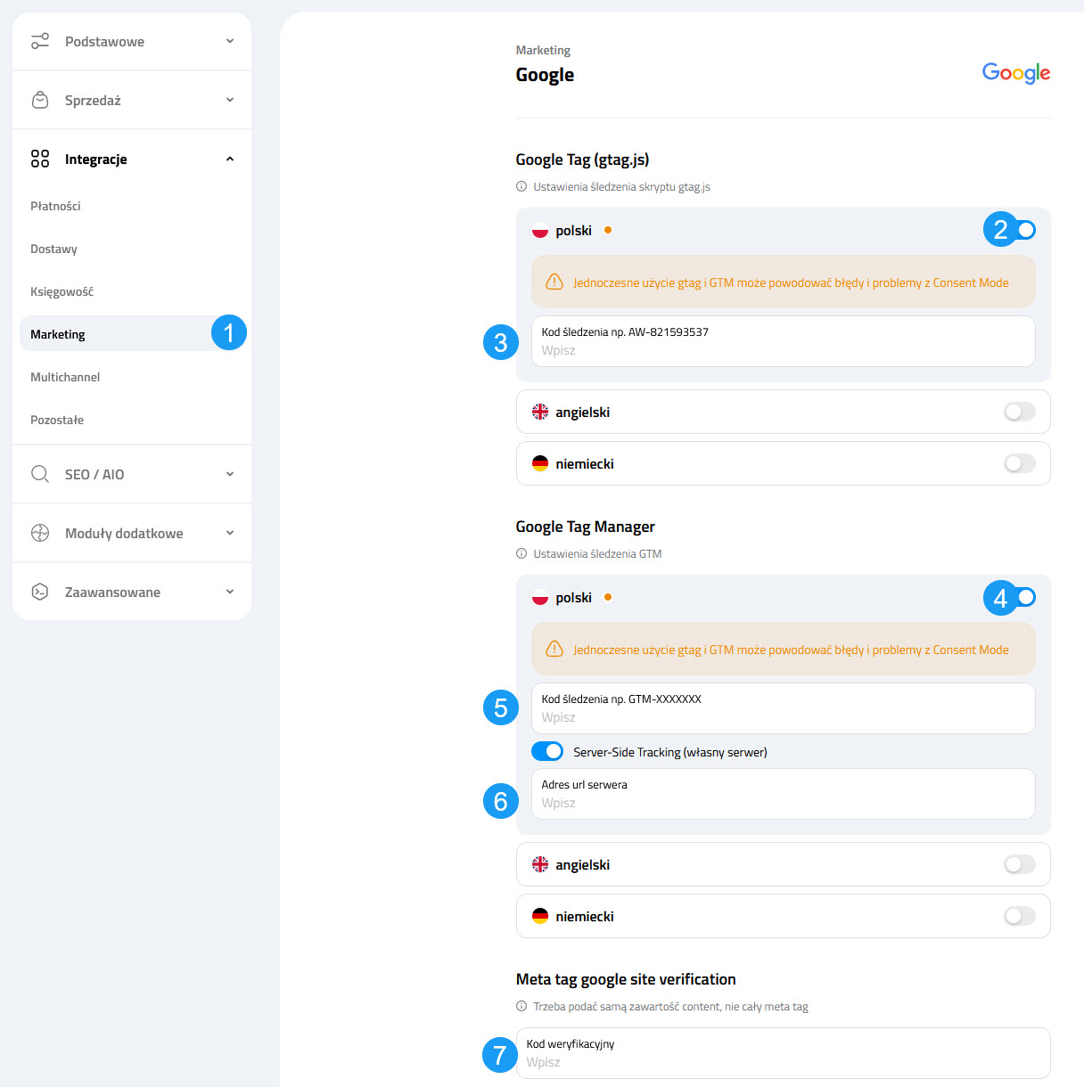 Selesto - ustawienia integracji Google
