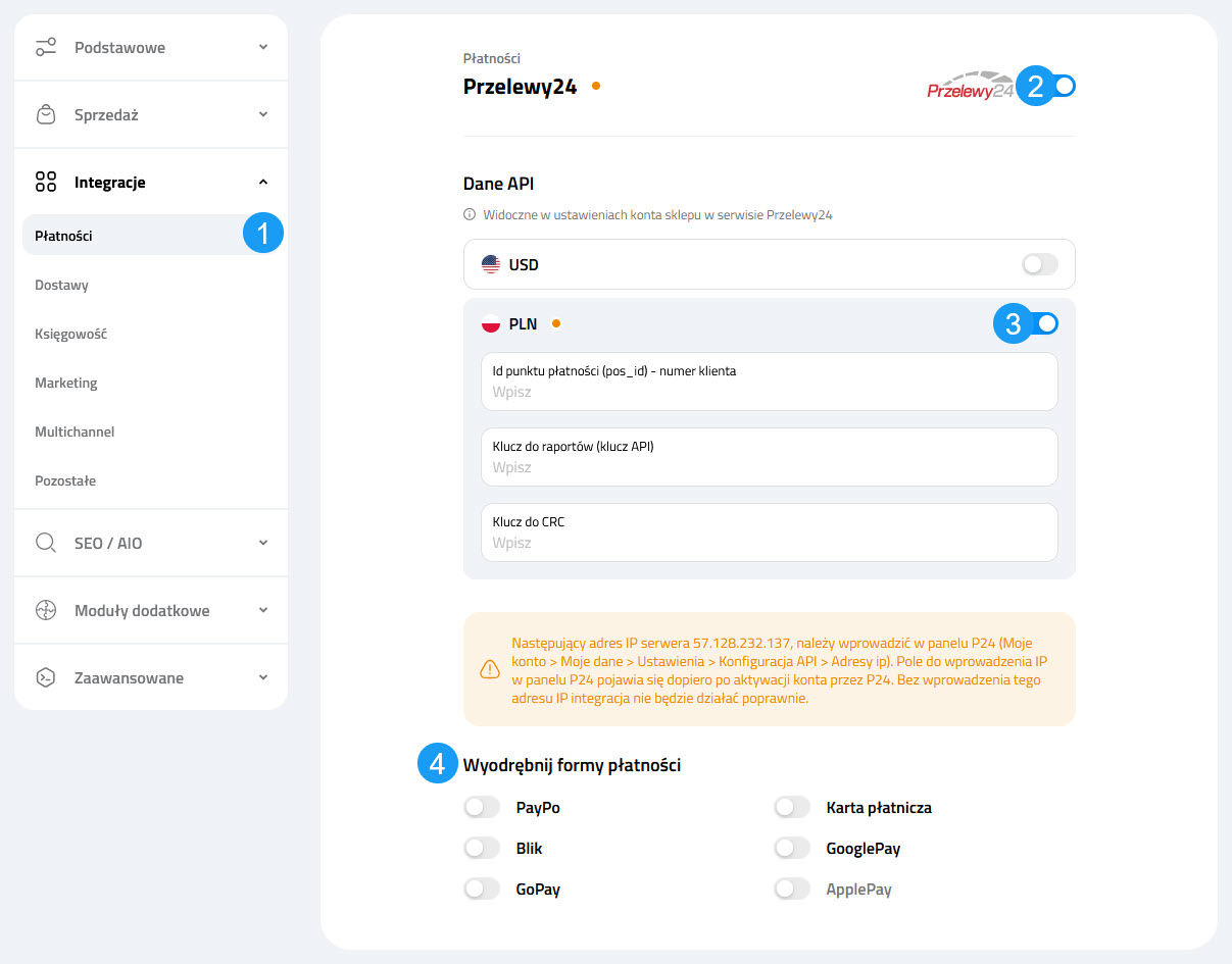 Selesto - ustawienia integracji Przelewy24