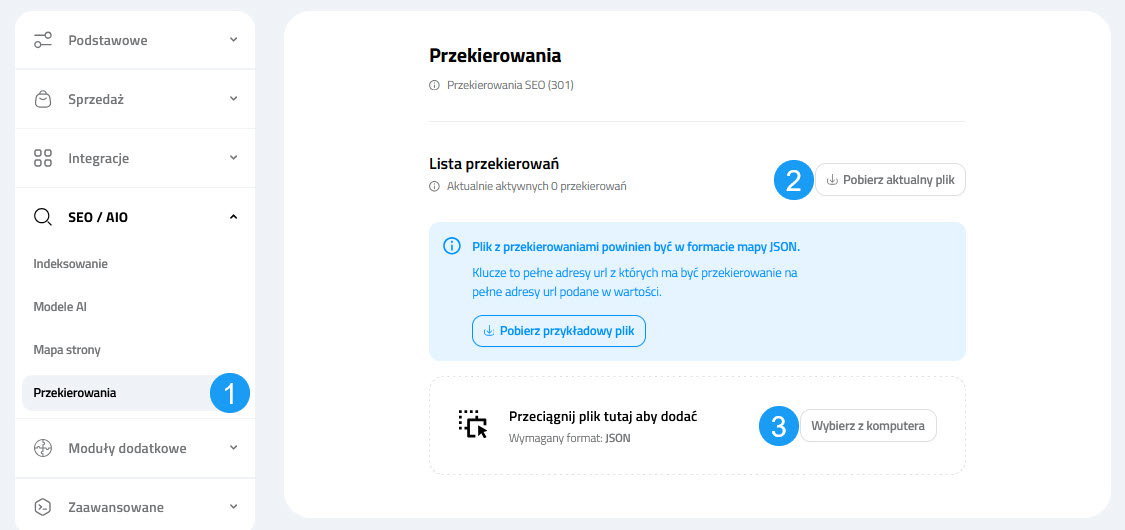 Selesto - Ustawienia SEO/AIO - Przekierowania