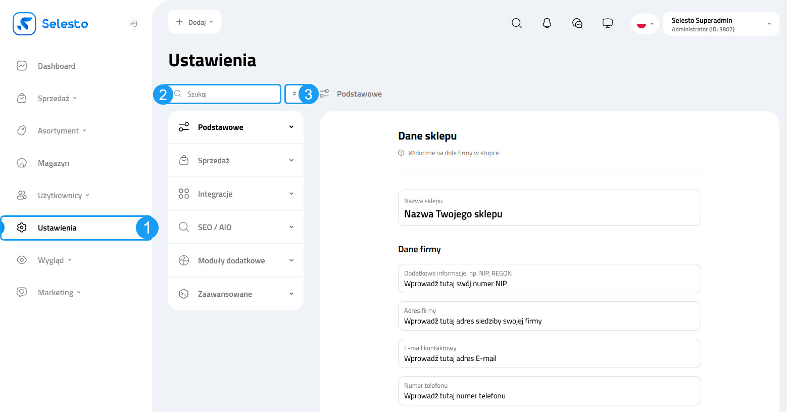 Selesto - panel ustawień podstawowych