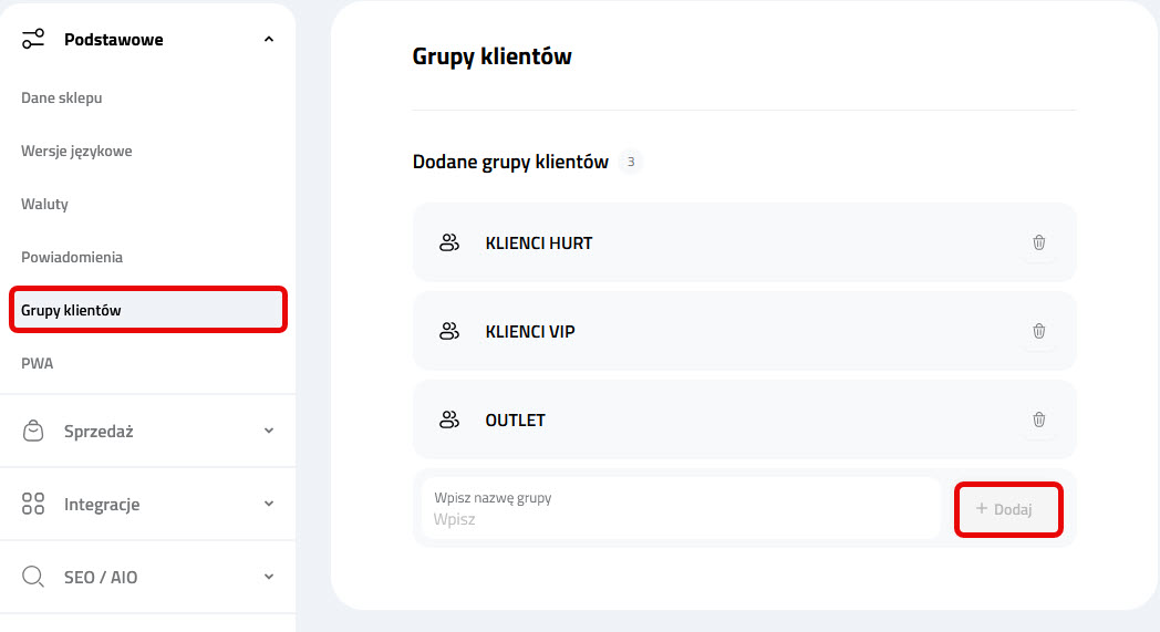 Ustawienia grupy klientów