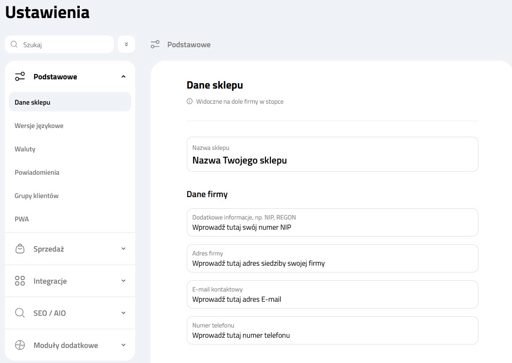Przegląd podstawowych ustawień na platformie Selesto