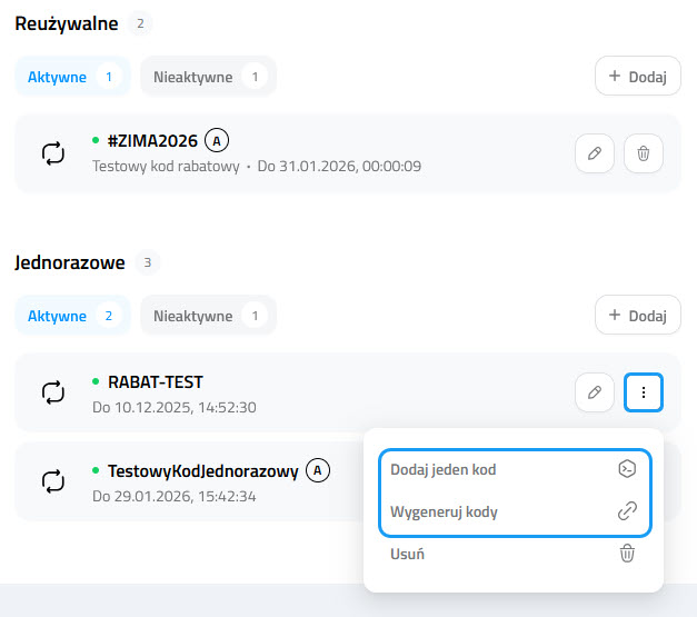 Selesto - opcje generowania kodów rabatowych