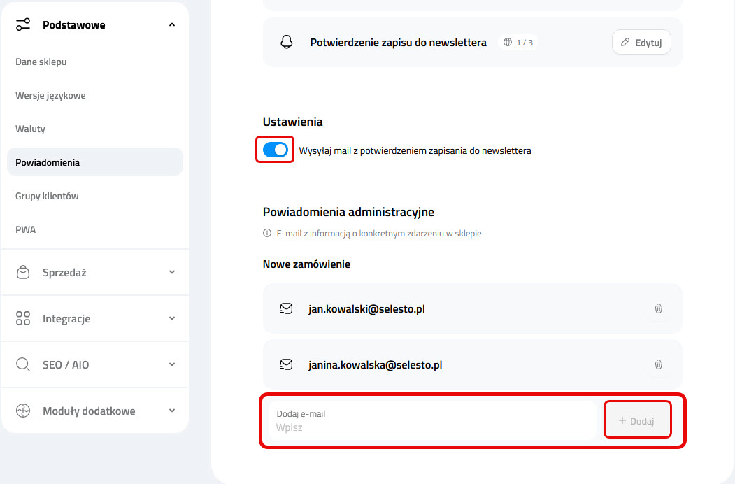 Powiadomienia – przełącznik potwierdzenia newslettera i lista e-maili dla nowych zamówień.