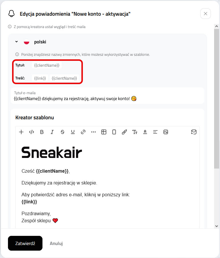 Widok zmiennych w szablonie