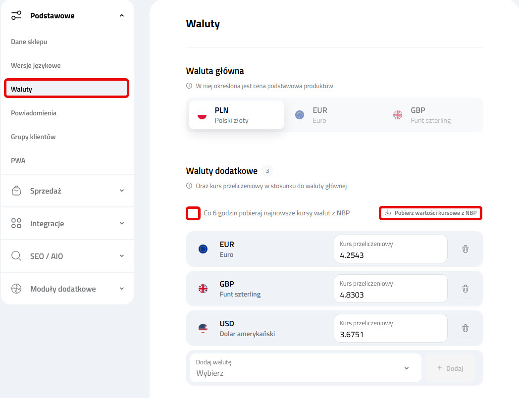 Panel ustawień walut na platformie 