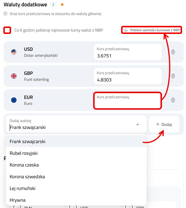 Dodawanie walut w sklepie Selesto