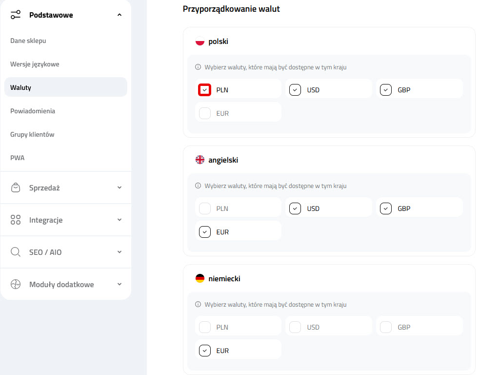 Przyporządkowanie dostępnych walut dla płatności dla każdej wersji językowej sklepu Selesto