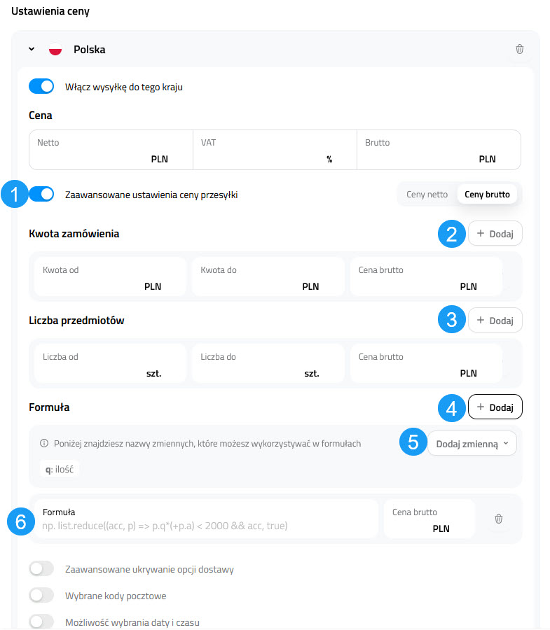 Selesto - zaawansowane ustawienia ceny przesyłki