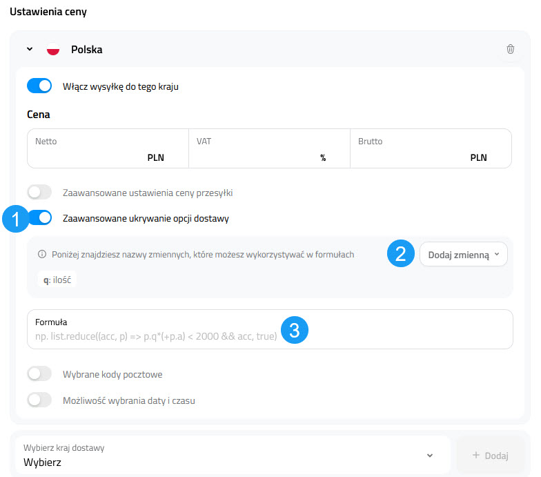 Selesto - zaawansowane ukrywanie opcji dostawy