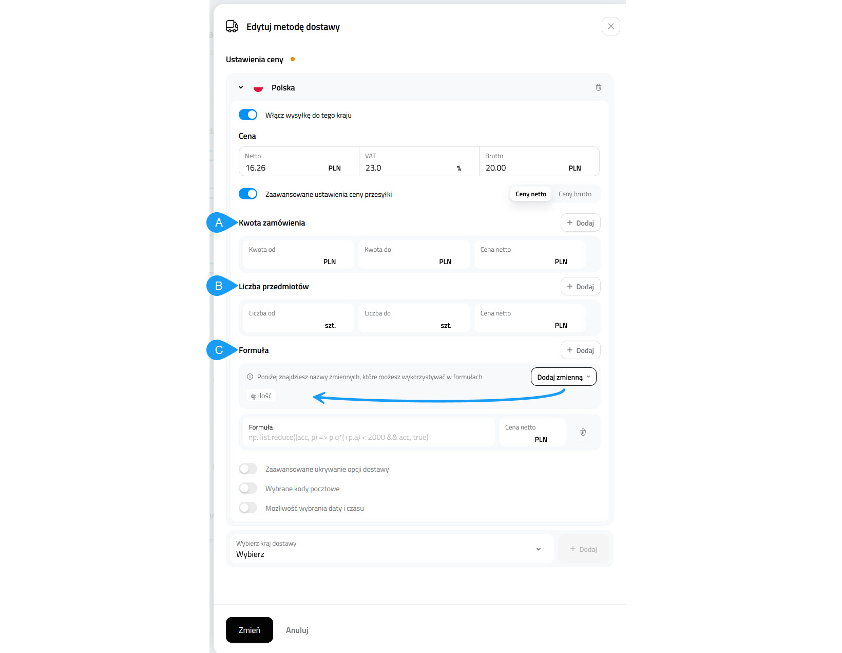 Selesto - zaawansowane ustawienia ceny przesyłki