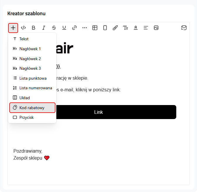 Kreator szablonu - Dodaj: Kod rabatowy