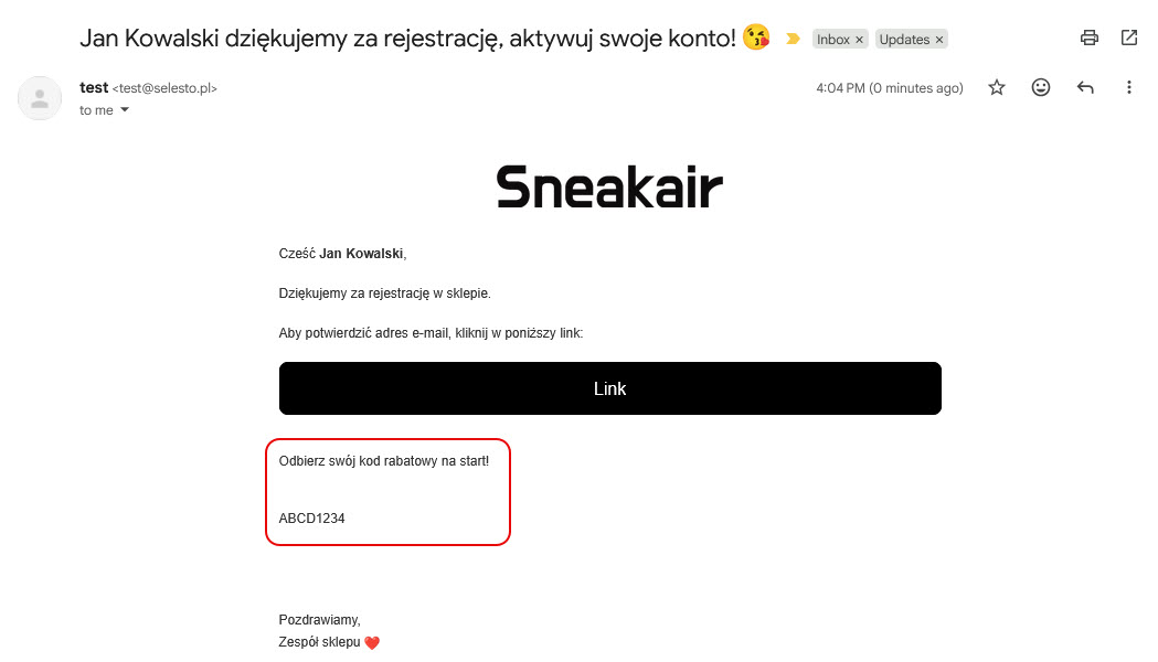 Kreator szablonu - przykład kodu rabatowego w mailu