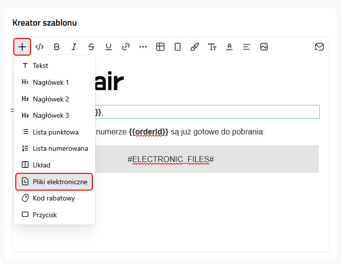 Kreator szablonu - Dodaj: Pliki elektroniczne