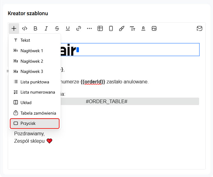 Kreator szablonu - Dodaj: Przycisk