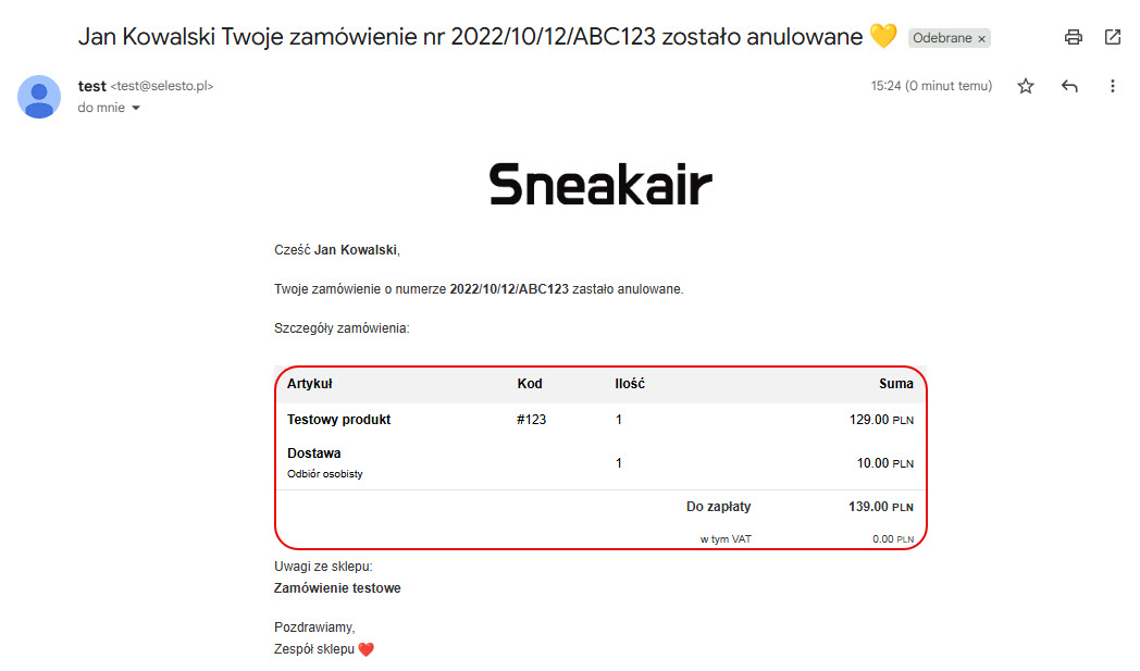 Kreator szablonu - wygląd tabeli zamówienia w mailu