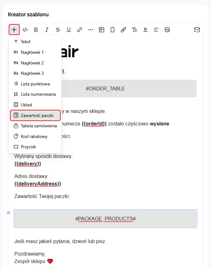 Kreator szablonu - Dodaj: Zawartość paczki