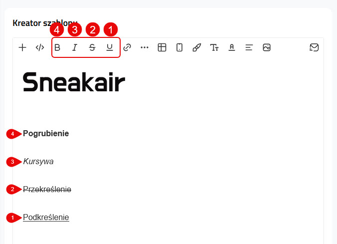 Kreator szablonu - formatowanie tekstu