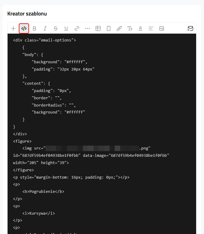 Kreator szablonu - widok HTML
