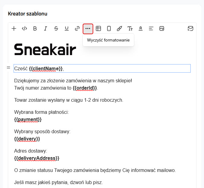 Kreator szablonu - wyczyść formatowanie