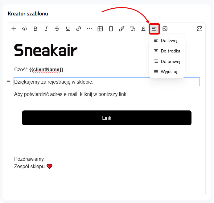 Wyrównanie tekstu w kreatorze powiadomień
