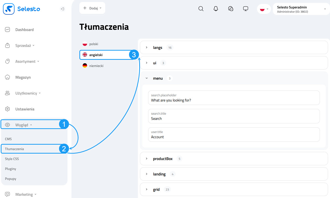 Ustawienia tłumaczeń na platformie Selesto