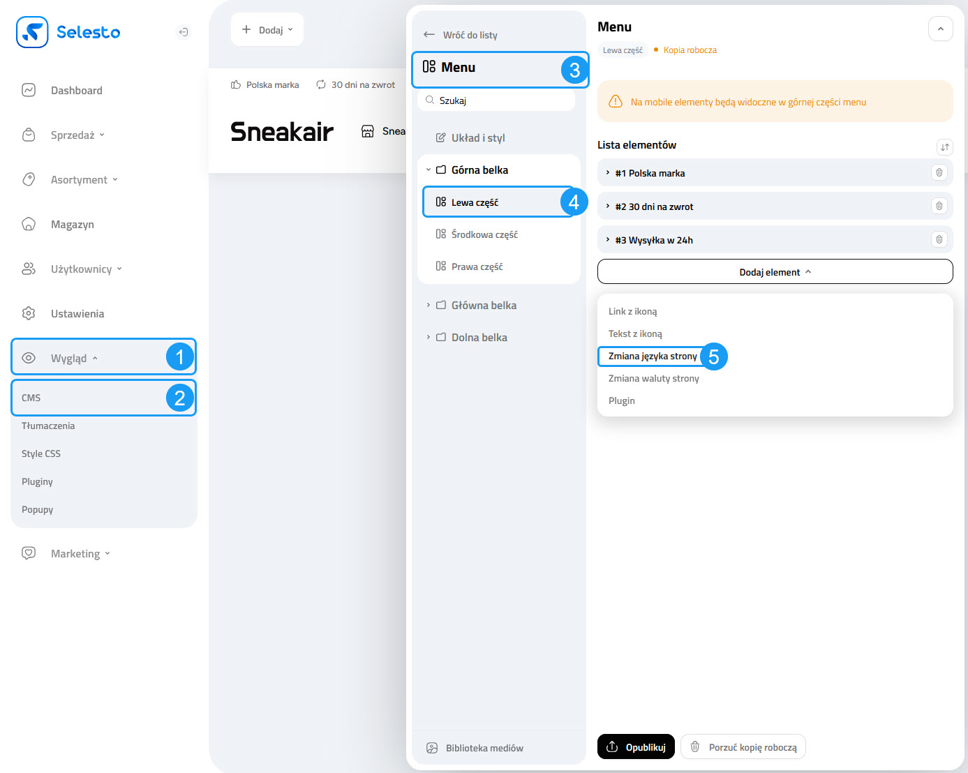Selesto - dodawanie przycisku do zmiany języka strony