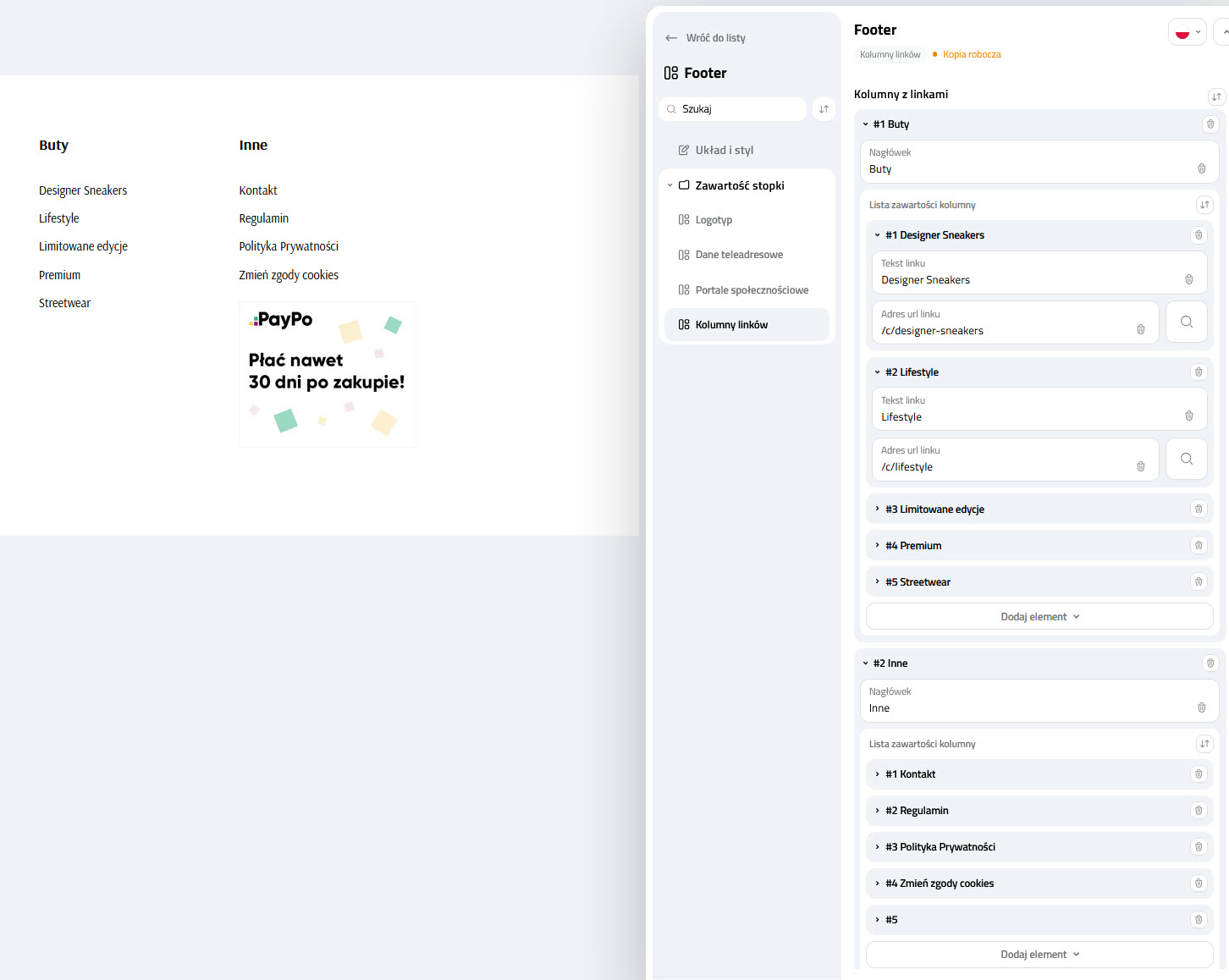 Selesto - CMS - Footer - Kolumny linków