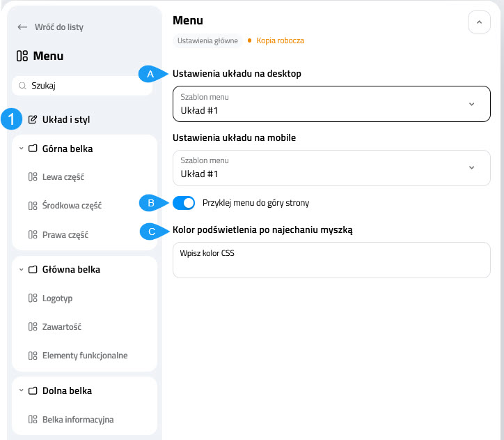 Wygląd Selesto - CMS - Menu