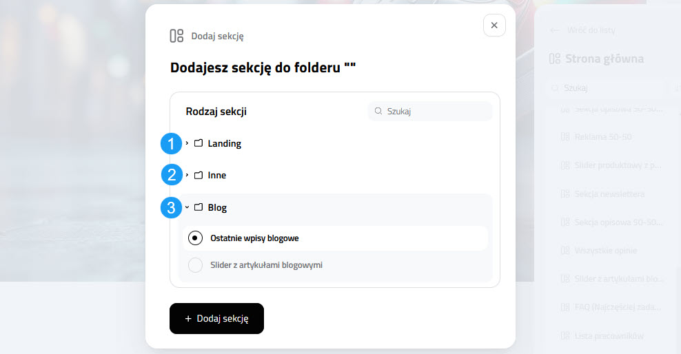 Selesto - panel dodawania sekcji