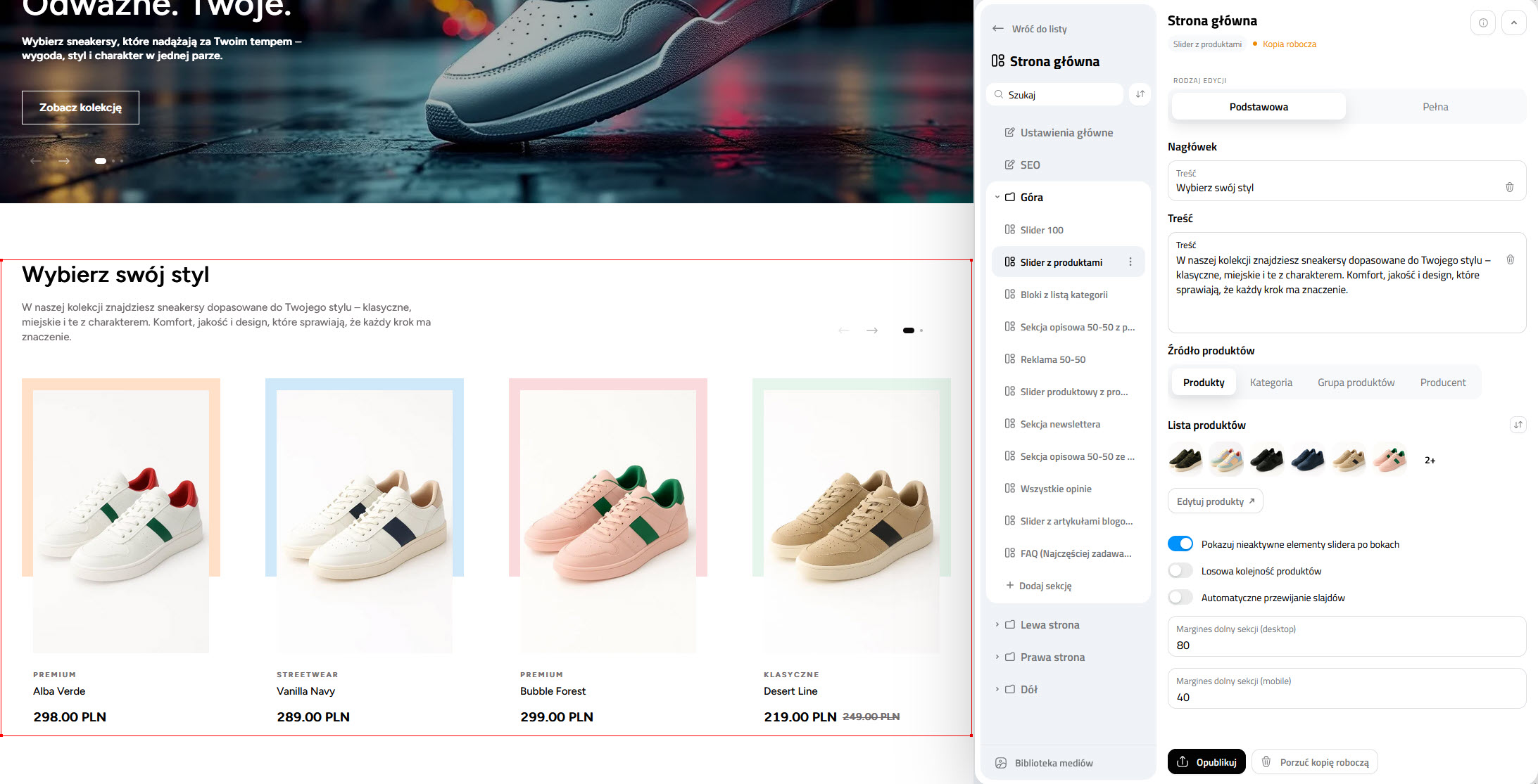 Panel edycji strony głównej