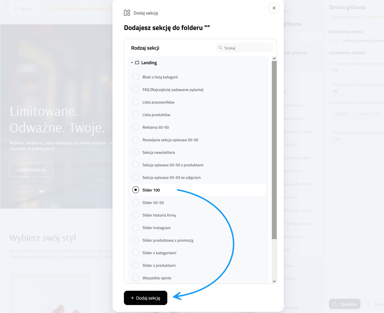 Selesto - Ustawienia strony głównej - dodawanie elementów
