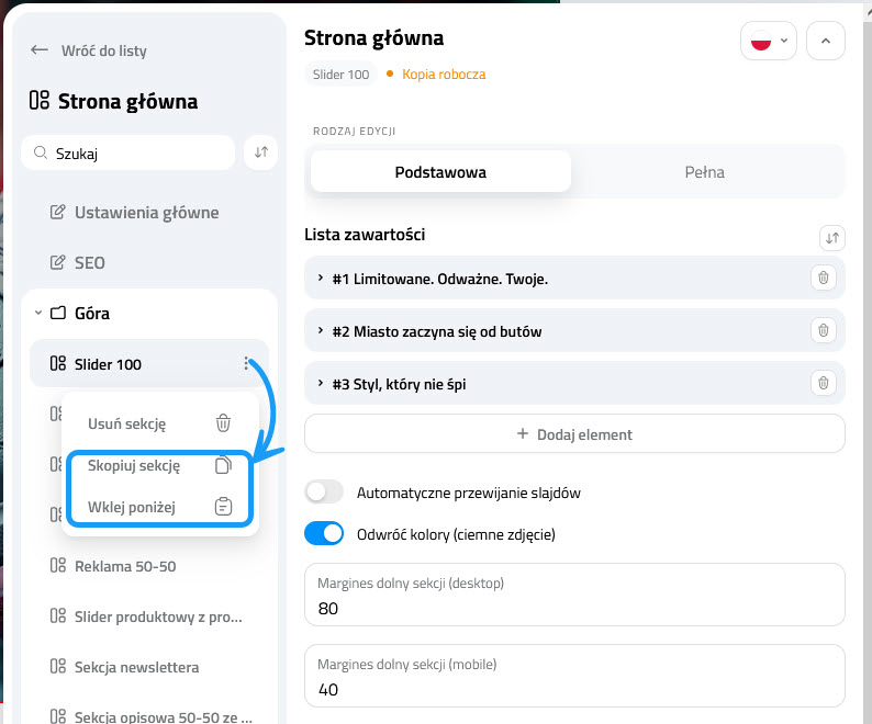 Selesto - Ustawienia strony głównej - manipulacja sekcjami