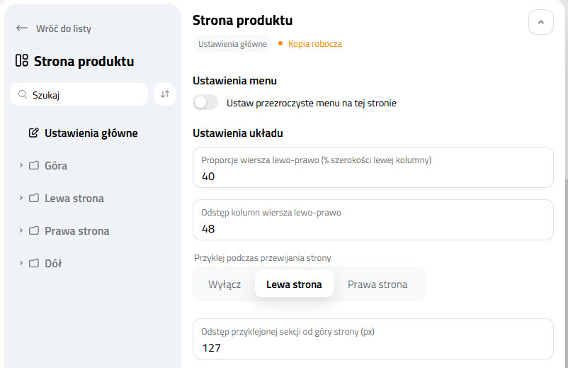 Selesto - Wygląd CMS - Strona produktu - Ustawienia główne