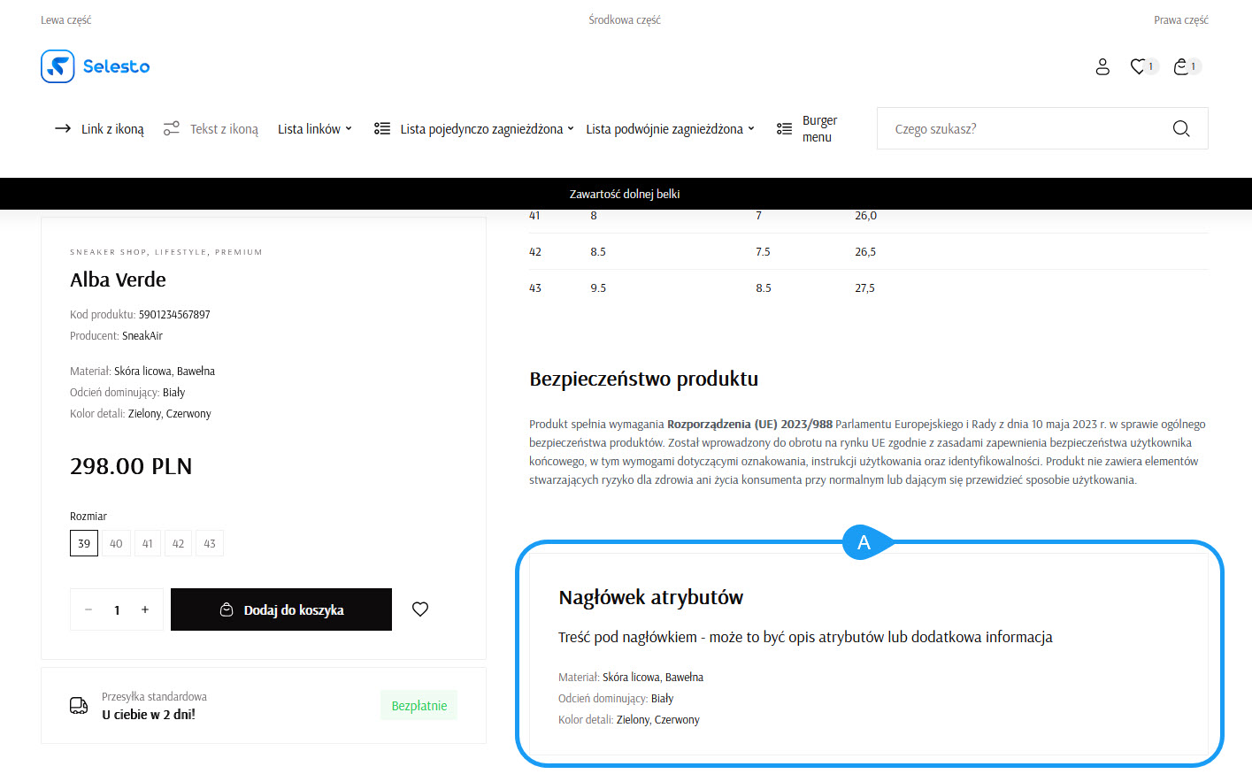 Selesto - dostępne sekcje (elementy) w Stronie kategorii