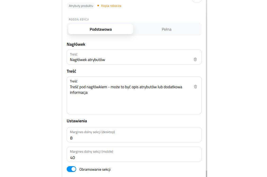 Selesto - CMS - opcje sekcji "Atrybuty produktów"