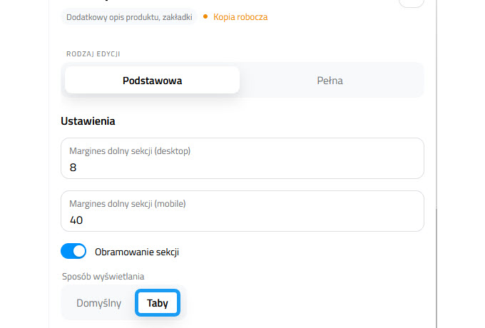 Selesto - ustawienia sekcji "Dodatkowy opsi produktu, zakładki"