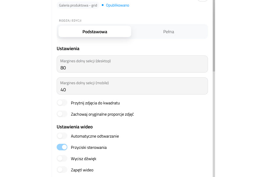 Selesto - ustawienia sekcji "Galeria produkowa - grid"