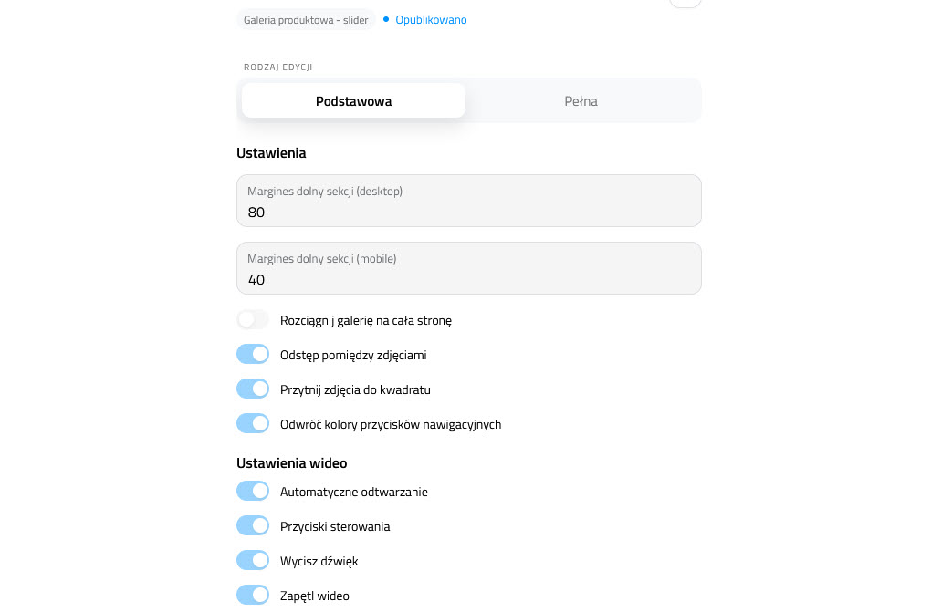 Selesto - ustawienia sekcji "Galeria produkowa - slider"